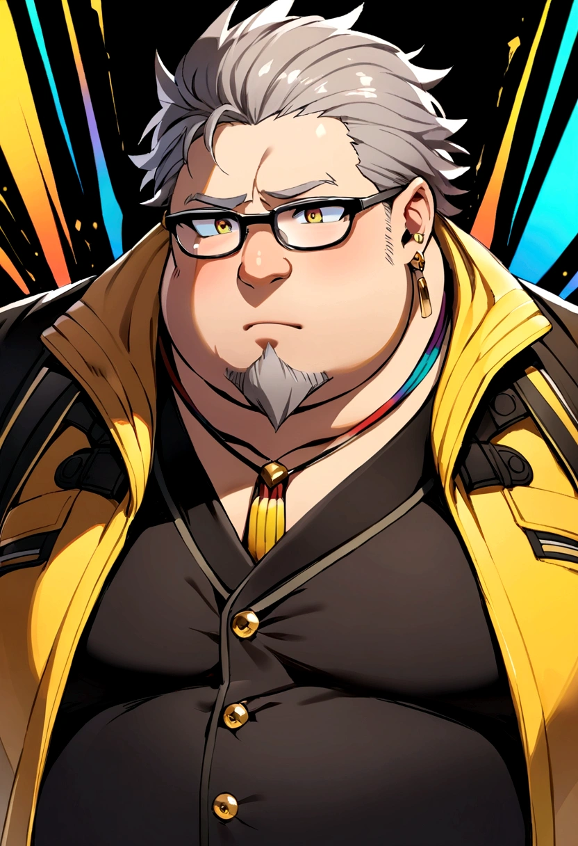 Fat man with gelled grey hair, black glasses, goatee, gold earrings, vest color code #A77D3D