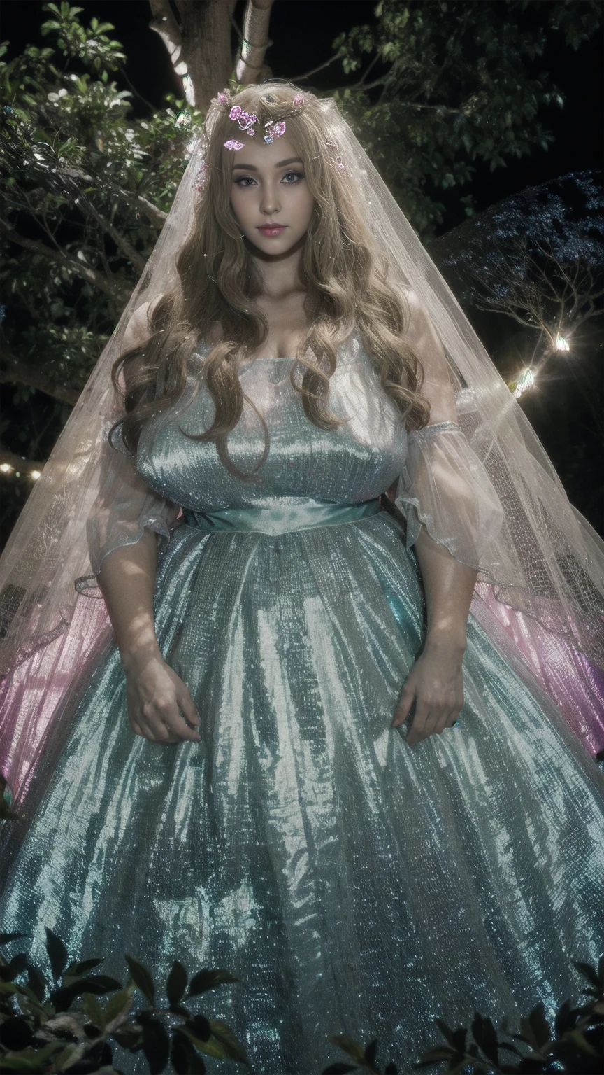 Hd texture, High quality,Big woman inside the tree at night setting there she looks like fairy tale wearing glowing effect clothes full personality, long hairs, realistic face,clear face,nose,pinkchick,view POV from above (clear photo)