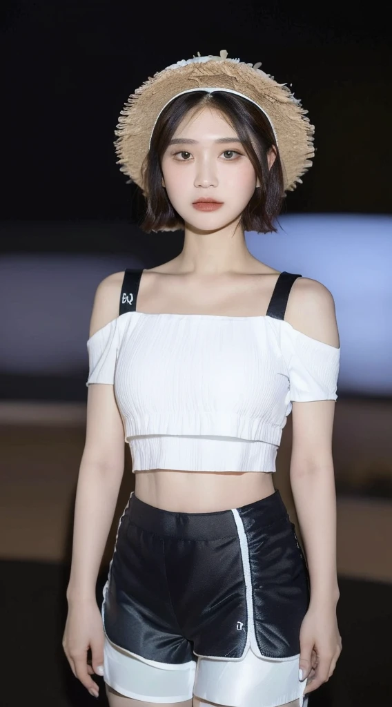 ((best quality, 8K, Masterpiece: 1.3)), (flower hat: 1.3), Point of interest: 1.2, perfect body beauty: 1.4, bottom: 1.2, (Layered haircut: 1.2)), (dark road: 1.3), Highly detailed facial and skin textures, full body, delicate eyes, Double eyelids, Whiter skin, long hair, (round face: 1.5), (Loose crop top, shorts: 1.6)