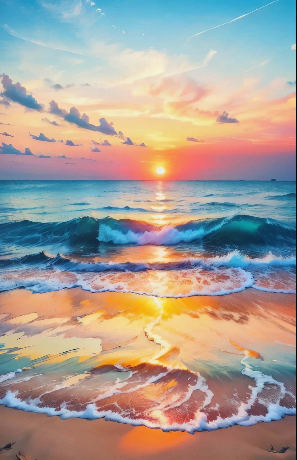 An absolutely mesmerizing sunset over the beach, with a blend of oranges, pinks, and yellows filling the sky. Crystal-clear waters of the sea gently kissing the shore, with sandy white beach stretching far and wide. The scene is dynamic and breathtaking, with seagulls soaring high in the sky and gently swaying palm trees. Take in the calming atmosphere and let the peacefulness wash over you.