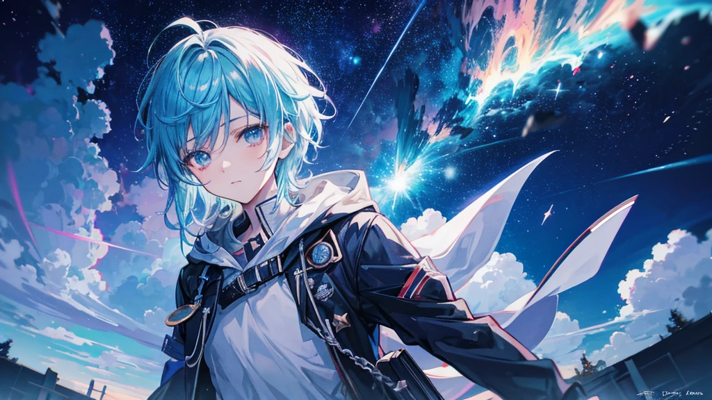 Anime boy watching a shooting star above the clouds, Highly detailed RAW color photos, Dynamic pose, (universe: 1.4), (Cemetery: 1.1), (sci fi setting), chromatic aberration, Depth of written boundary, Soft lighting, masterpiece, Highest quality, complicated, (Lens Reflection: 0.7), (flowering: 0.7), Particle Effects, Ray Tracing