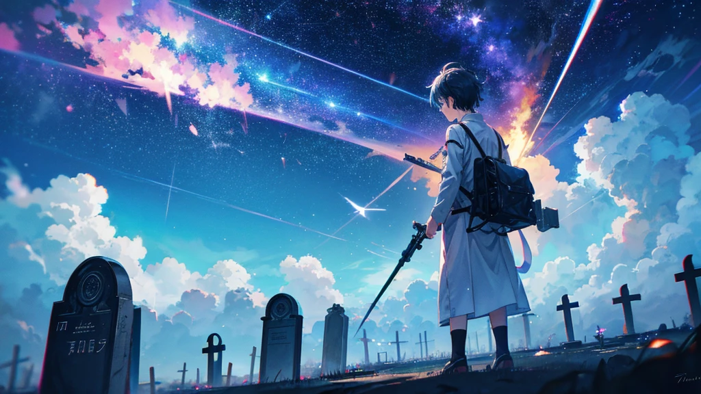Anime boy watching a shooting star above the clouds, Highly detailed RAW color photos, Dynamic pose, (universe: 1.4), (Cemetery: 1.1), (sci fi setting), chromatic aberration, Depth of written boundary, Soft lighting, masterpiece, Highest quality, complicated, (Lens Reflection: 0.7), (flowering: 0.7), Particle Effects, Ray Tracing