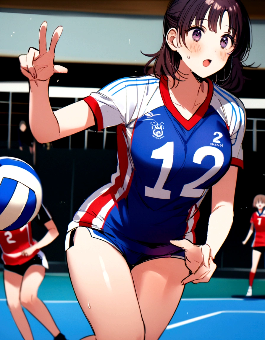araffe woman in a blue and white uniform playing volleyball, wearing a volleyball jersey, Nishimiya Shoko, mayuri shiina, Chiho ashima, volleyball, For whom?, Chiho, Kazami Yuuka, 4K