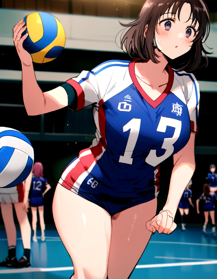 araffe woman in a blue and white uniform playing volleyball, wearing a volleyball jersey, Nishimiya Shoko, mayuri shiina, Chiho ashima, volleyball, For whom?, Chiho, Kazami Yuuka, 4K
