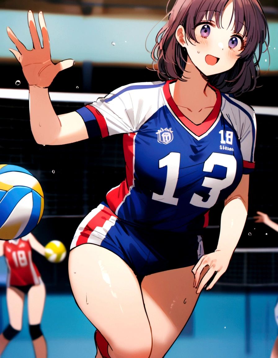araffe woman in a blue and white uniform playing volleyball, wearing a volleyball jersey, Nishimiya Shoko, mayuri shiina, Chiho ashima, volleyball, For whom?, Chiho, Kazami Yuuka, 4K