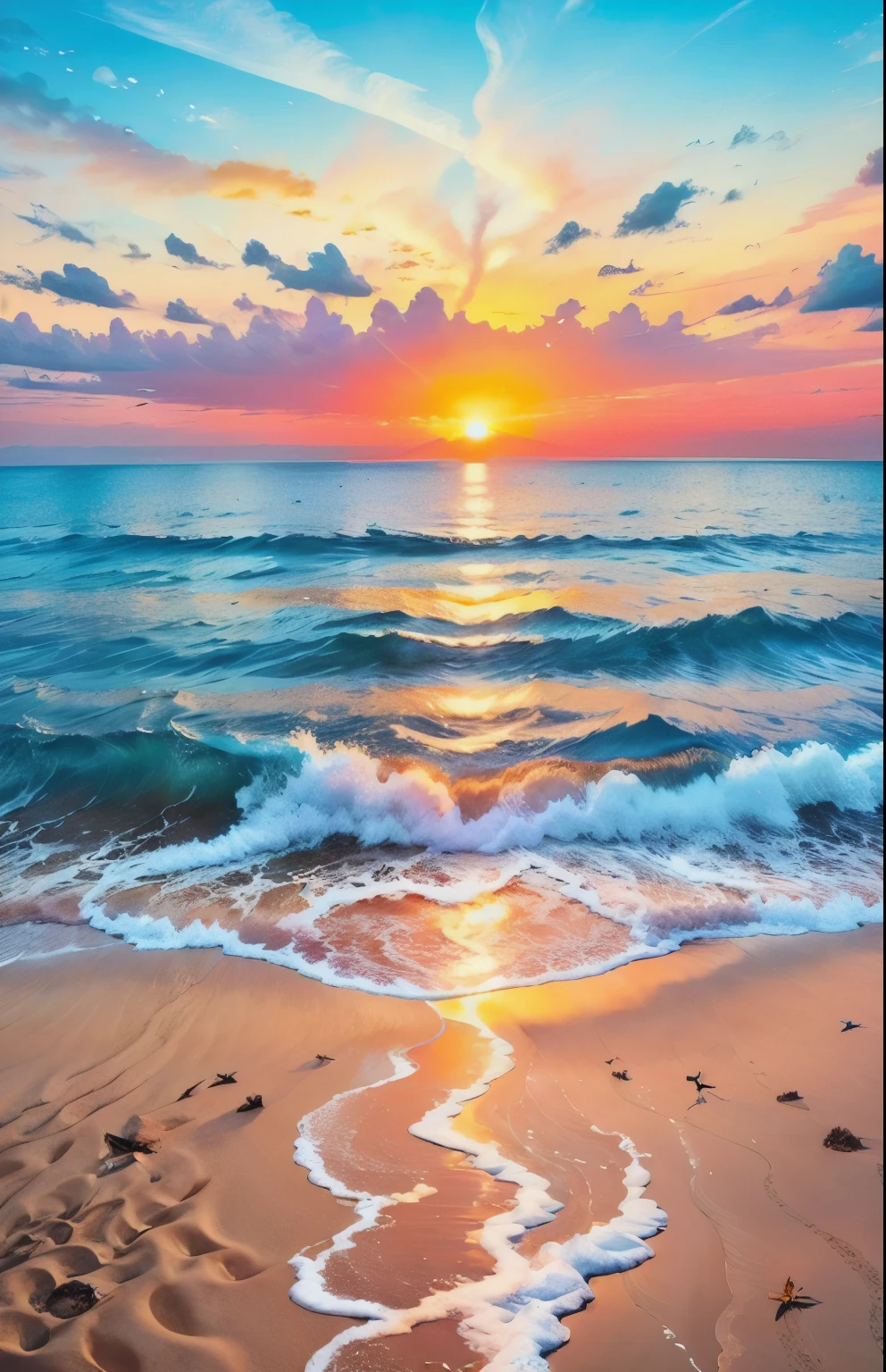 An absolutely mesmerizing sunset over the beach, with a blend of oranges, pinks, and yellows filling the sky. Crystal-clear waters of the sea gently kissing the shore, with sandy white beach stretching far and wide. The scene is dynamic and breathtaking, with seagulls soaring high in the sky and gently swaying palm trees. Take in the calming atmosphere and let the peacefulness wash over you.