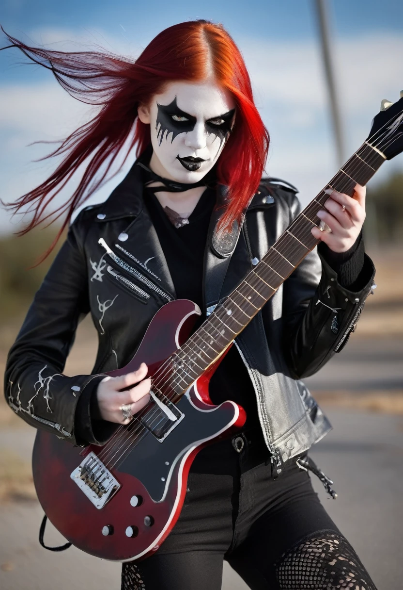 Black Metal girl, pale face, Black Metal make up, corpse paint face, red hair shoulder length, leather jacket, riding on a guitar in sky, electricity effects around her, movement blur