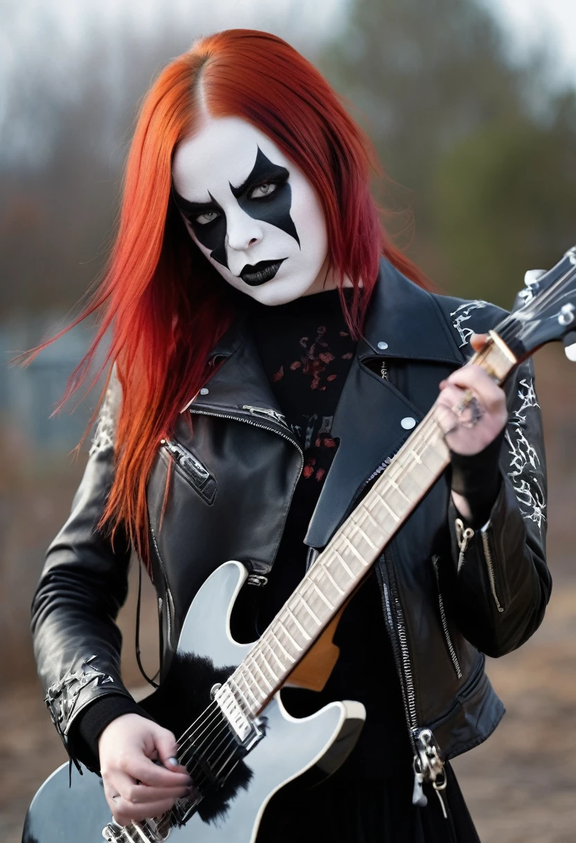 Black Metal girl, pale face, Black Metal make up, corpse paint face, red hair shoulder length, leather jacket, riding on a guitar in sky, electricity effects around her, movement blur