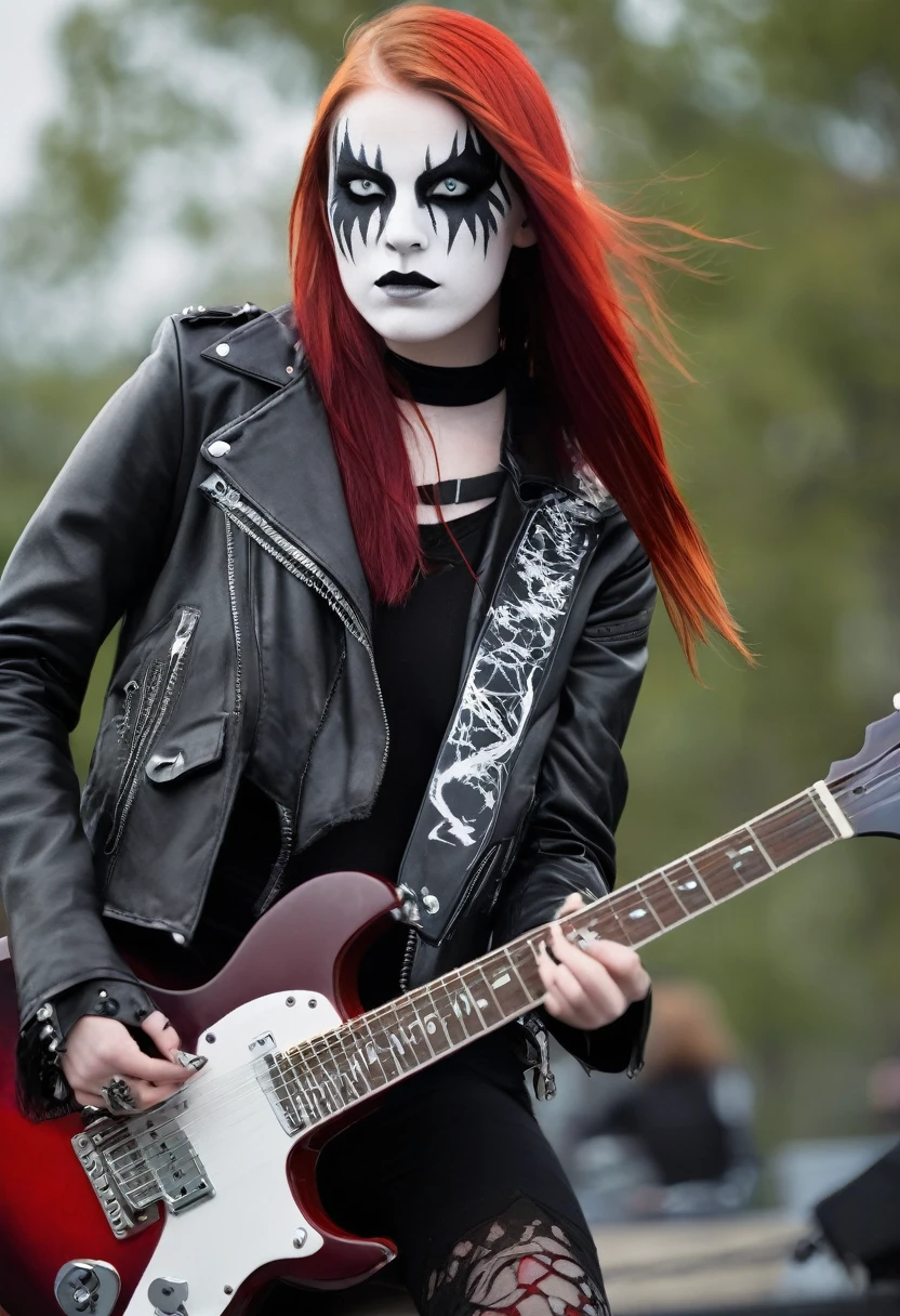 Black Metal girl, pale face, Black Metal make up, corpse paint face, red hair shoulder length, leather jacket, riding on a guitar in sky, electricity effects around her,  movement blur