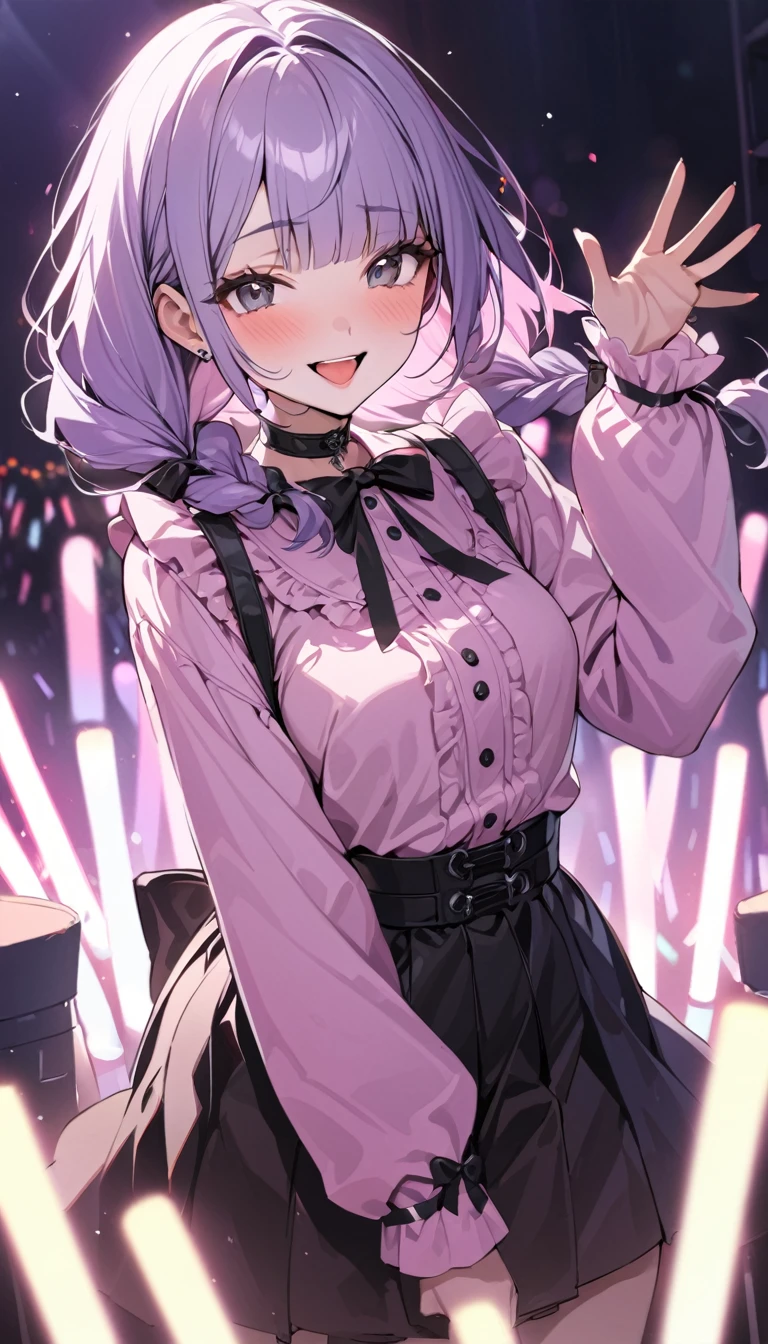 Many fans were waving purple glow sticks,beautiful a girl,pale purple hair,wavy two braids,blunt bangs hair,green and black eyes,(one girl is wearing 
pink shirt,cosplay, jirai kei, bangs, black skirt, black bow, looking at viewer, bow, long sleeves, choker, ribbon,pink lips, (highest quality,masterpiece,16K or 8K,Super detailed,),(Upper body、front), background Colorful heart,  beautiful, masterpiece, highest quality、floating hair, wavy hair,fluffy hair、 Hair in the wind, green and black colored eyes, long eyelashes, beautiful eyes, light smile, bright pupils, (a girl closes her eyes and opens her mouth and smiles happily.),digital illustration, highest quality,High resolution, happy, laughing,Singing with a microphone in the bright lights of a concert,