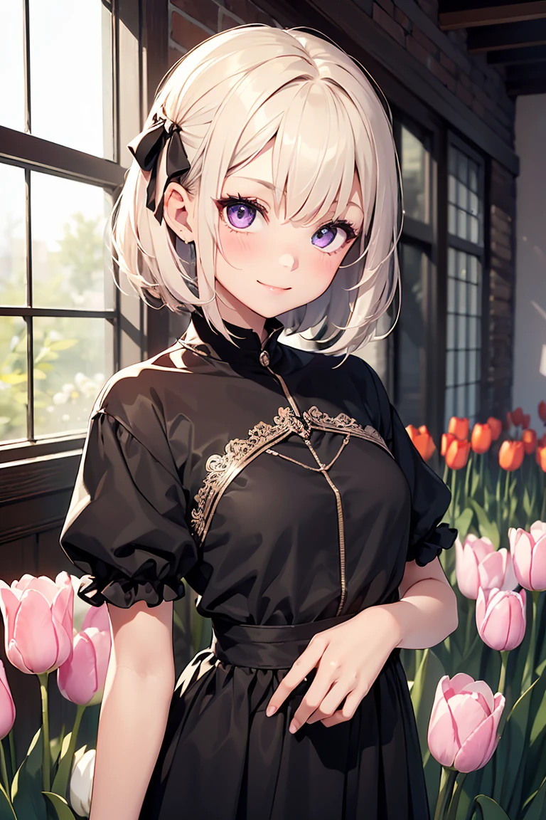 ((1 Girl)), Latest Trends in Clothing, (), Squat, Tulips, A big smile, Cute little sister, Cowboy Shot,((Very detailed,Highest quality, High resolution, 8k wallpaper, Beautiful clothes,)),((Cream colored hair, Short Hair, Straight hair)),(ribbon), blush , (Pale purple eyes),eye shadow, eyeliner,Glowing Eyes, Very detailed目, Beautiful Eyes, 10-year-old
