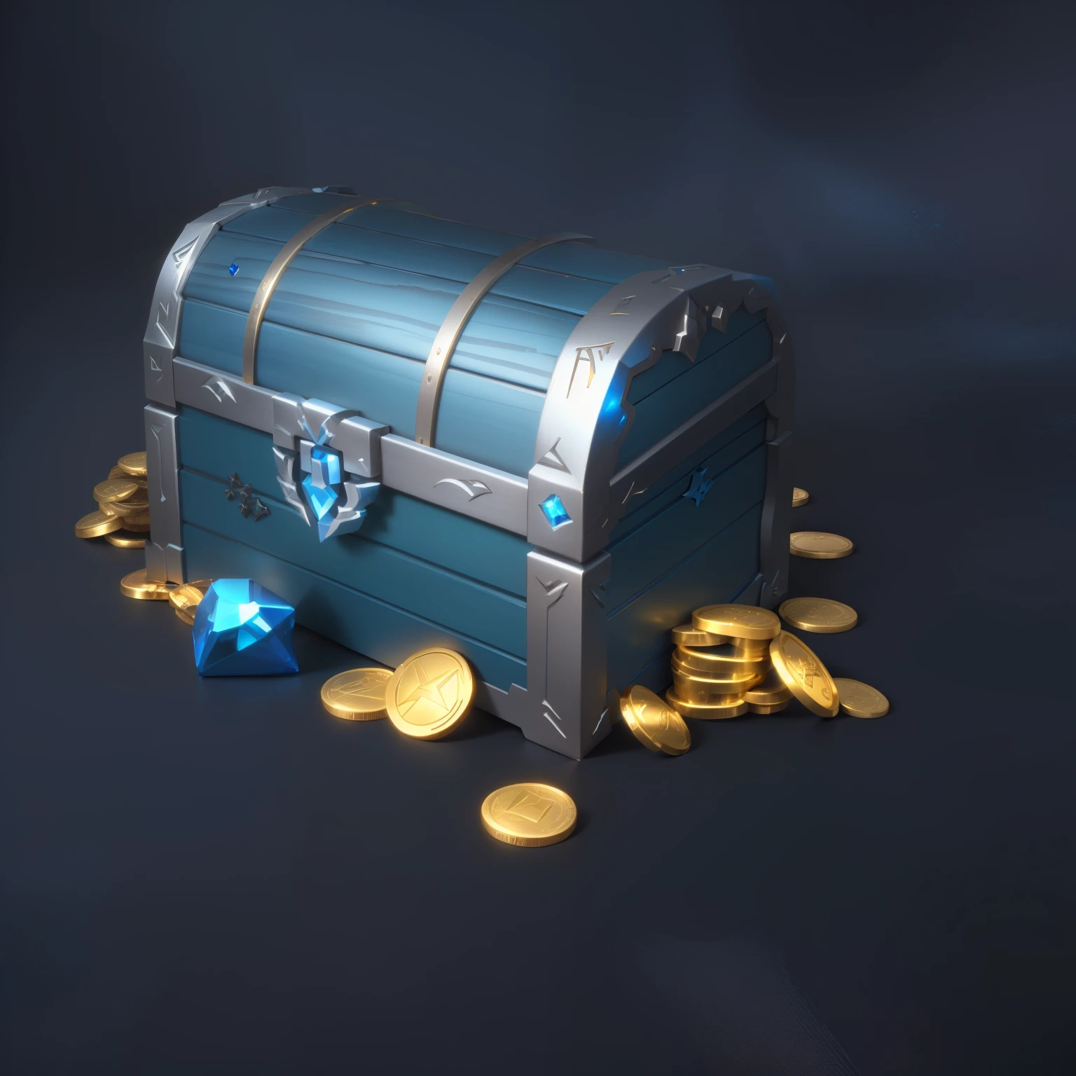 Blue wood grain treasure chest with silver metal edges,Loot Boxes, Treasure ,Gold coins and sapphires,Metallic luster,Game assets, Treasure artifact, 3d icons for mobile games,Diablo concept style,