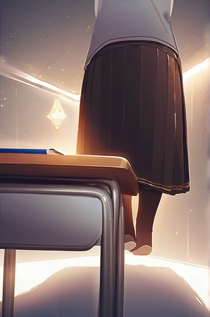 ((Лучшее качество)), ((шедевр)), (подробный), student in a skirt at a desk bottom view