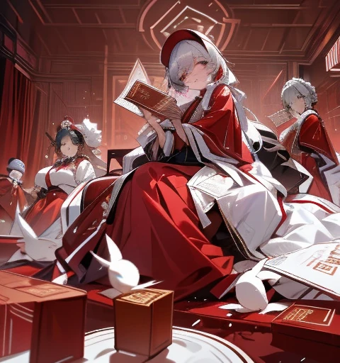Five women in maid outfits surround a man，charming depiction，Lively and dynamic，Man taking red envelope，Handing out red envelopes to women dressed as maids