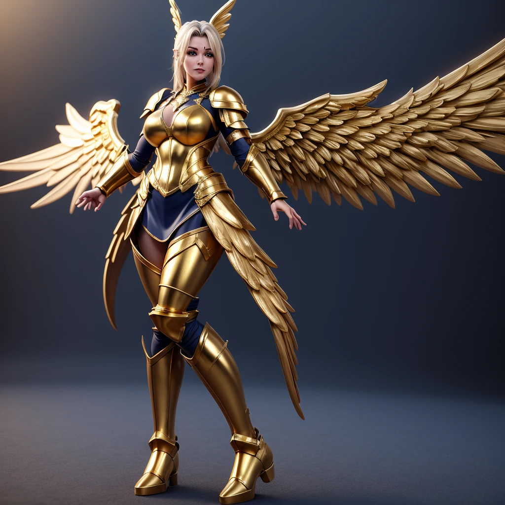 a woman in a gold and black outfit with wings, angel knight woman, angel in plastic armor, angelic golden armor, angel knight gothic woman, armor angle with wing, full - body majestic angel, as a mystical valkyrie, mystical valkyrie, anime goddess, 2. 5 d cgi anime fantasy artwork, unreal engine render + a goddess