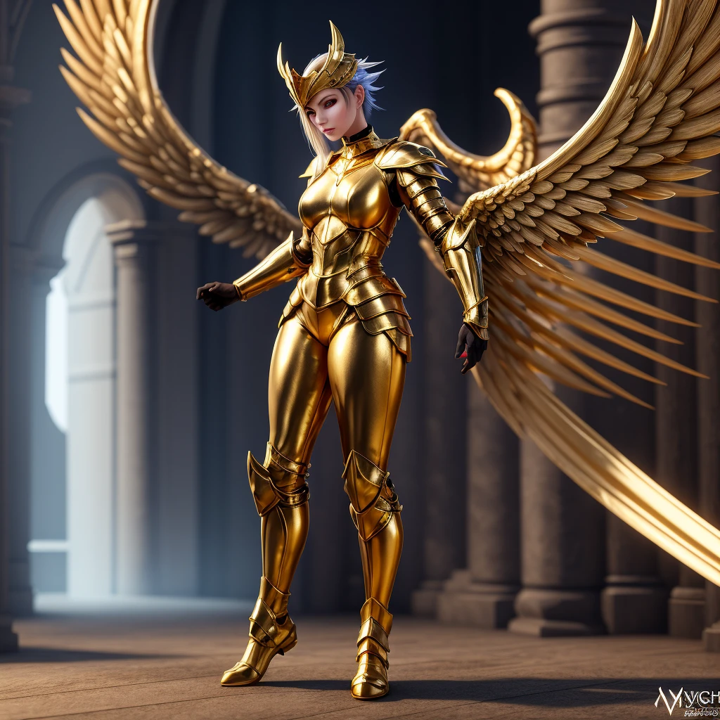 a woman in a gold and black outfit with wings, angel knight woman, angel in plastic armor, angelic golden armor, angel knight gothic woman, armor angle with wing, full - body majestic angel, as a mystical valkyrie, mystical valkyrie, anime goddess, 2. 5 d cgi anime fantasy artwork, unreal engine render + a goddess