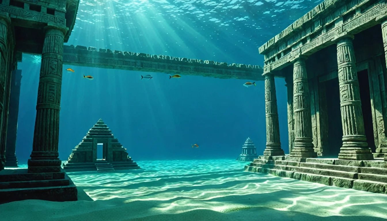 A dual-scene visual split between an underwater world and an ancient temple.
