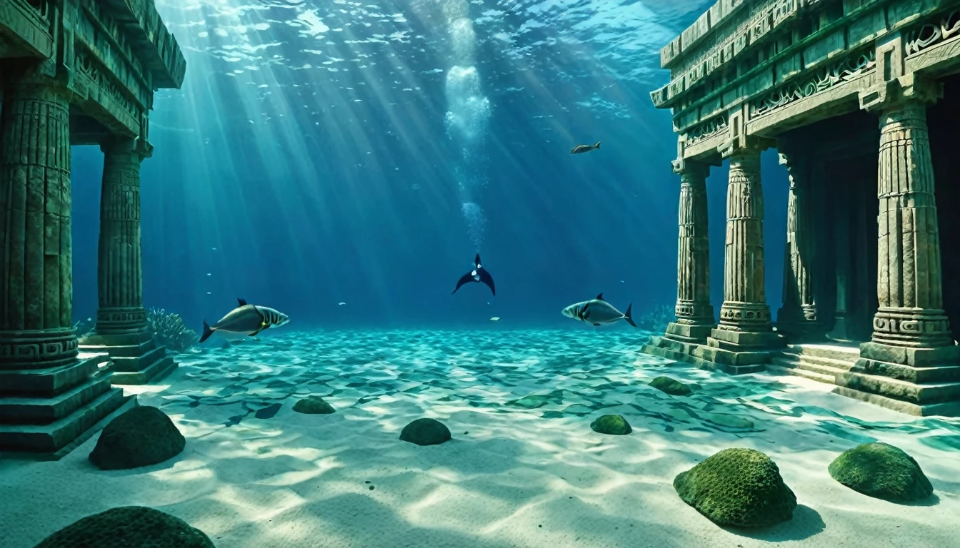 A dual-scene visual split between an underwater world and an ancient temple.
