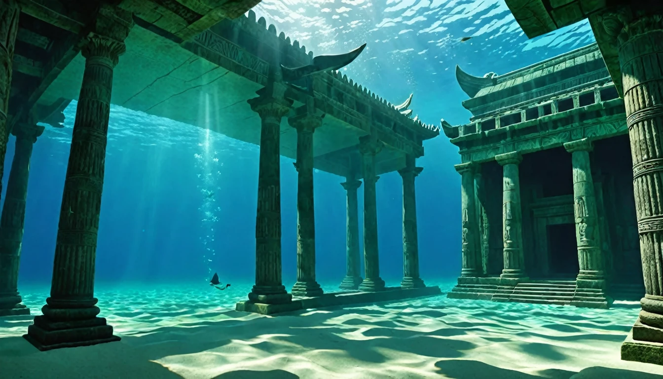 A dual-scene visual split between an underwater world and an ancient temple.
