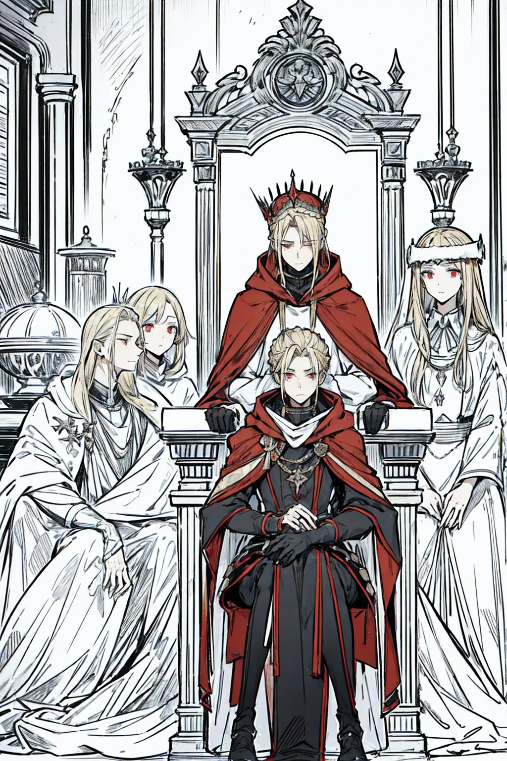 Tall, tannish, male, equipped with battle suit, covered by aqua cloak, blonde hair in manbun, red eyes, handsome, hood covering face, sitting on throne, with a sleek crown on, closed eyes with a sigh, masculine.
