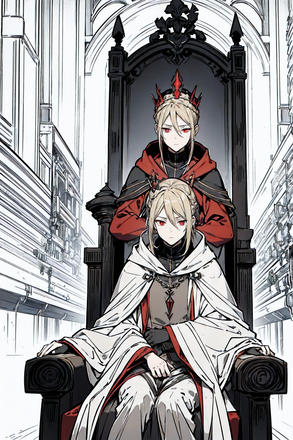 Tall, tannish, male, equipped with battle suit, covered by aqua cloak, blonde hair in manbun, red eyes, handsome, hood covering face, sitting on throne, with a sleek crown on, closed eyes with a sigh, masculine.