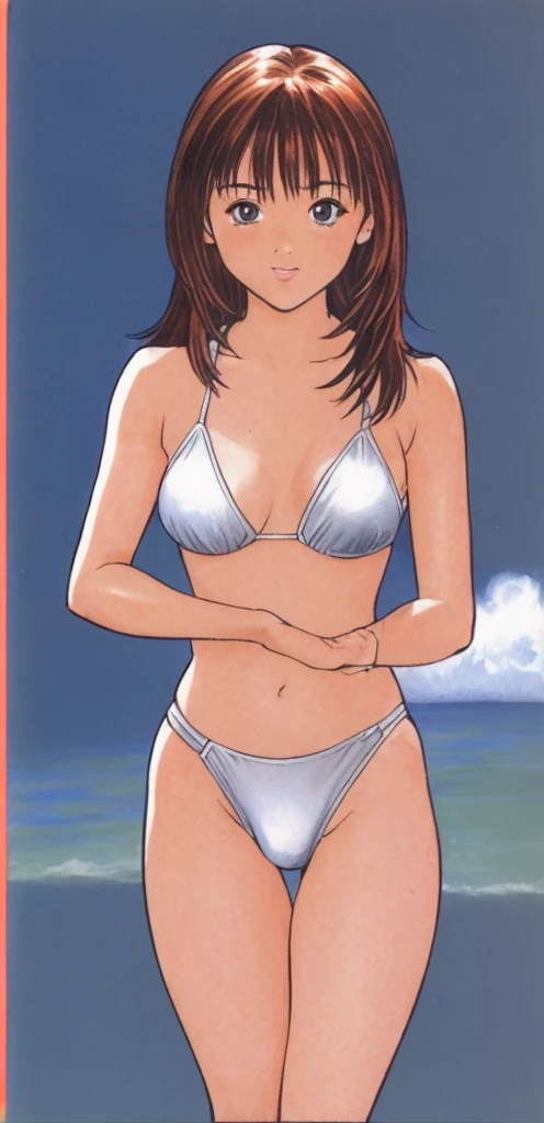 Iori is standing in a bikini with her legs spread to the sides, her hands on her hips, blushing and her mouth open.。
