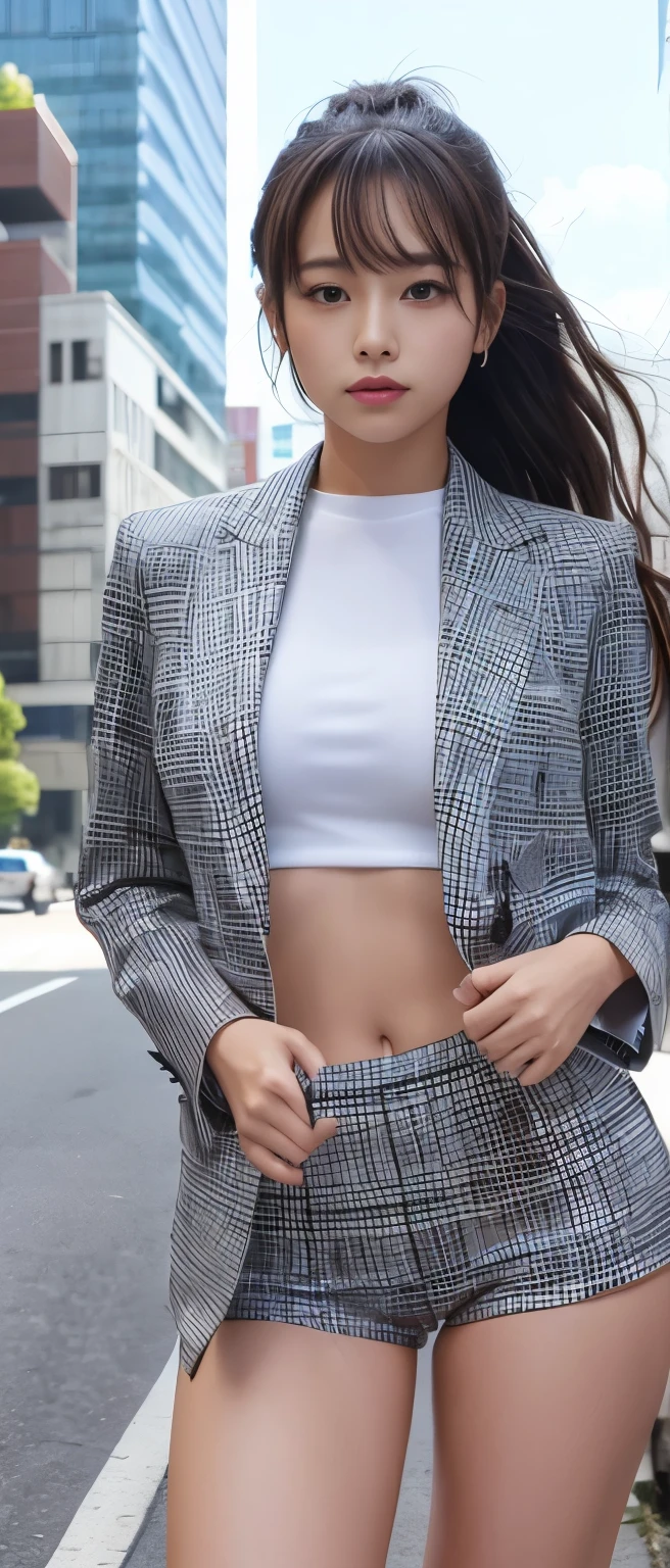 Tall and cute idol girl、whole body、Good style、、、、、、、、、、Tanned thick legs、、Silver checkered cyberpunk suit、、Neat and clean idol face、