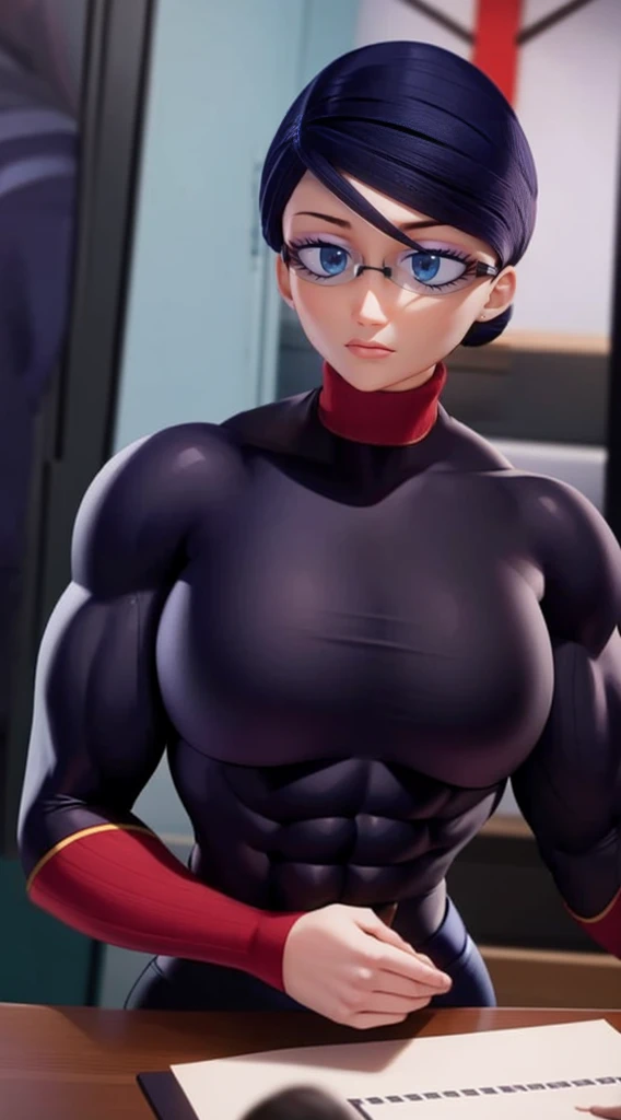 a muscular female bodybuilder in red bra inside office suit and her hair is dark blue and a bit red from end to the right side of head, detailed face, beautiful detailed eyes, beautiful detailed lips, extremely detailed face and muscles, long eyelashes, strong muscles bulging through suit, dynamic pose, professional studio lighting, hyperrealistic, 8k, high quality, photorealistic, physically-based rendering, concept art, dramatic color palette,((abs))