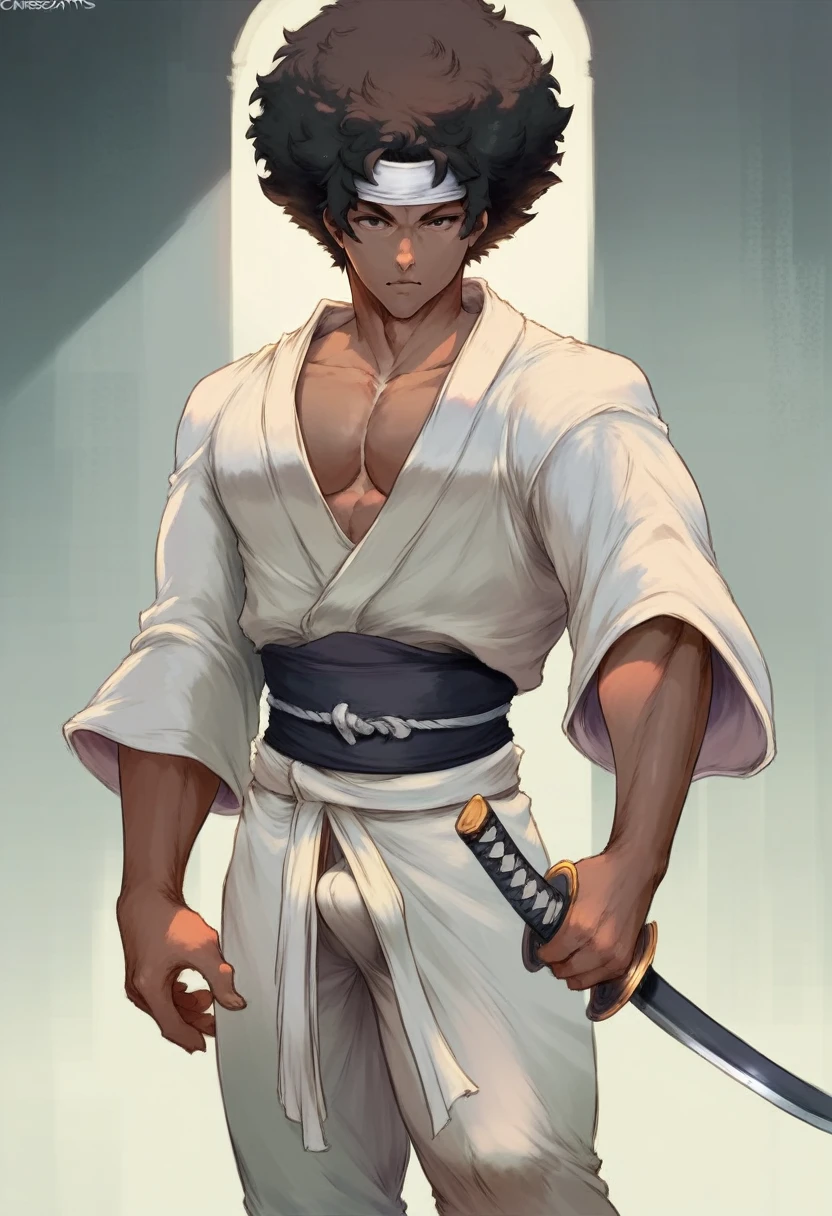 Cutesexyrobutts style, afro, sword, weapon, 1boy, male_focus, solo, katana, dark_skin, headband, photo_background, samurai, dark-skinned_male, black_hair, realistic, japanese_clothes, sheath