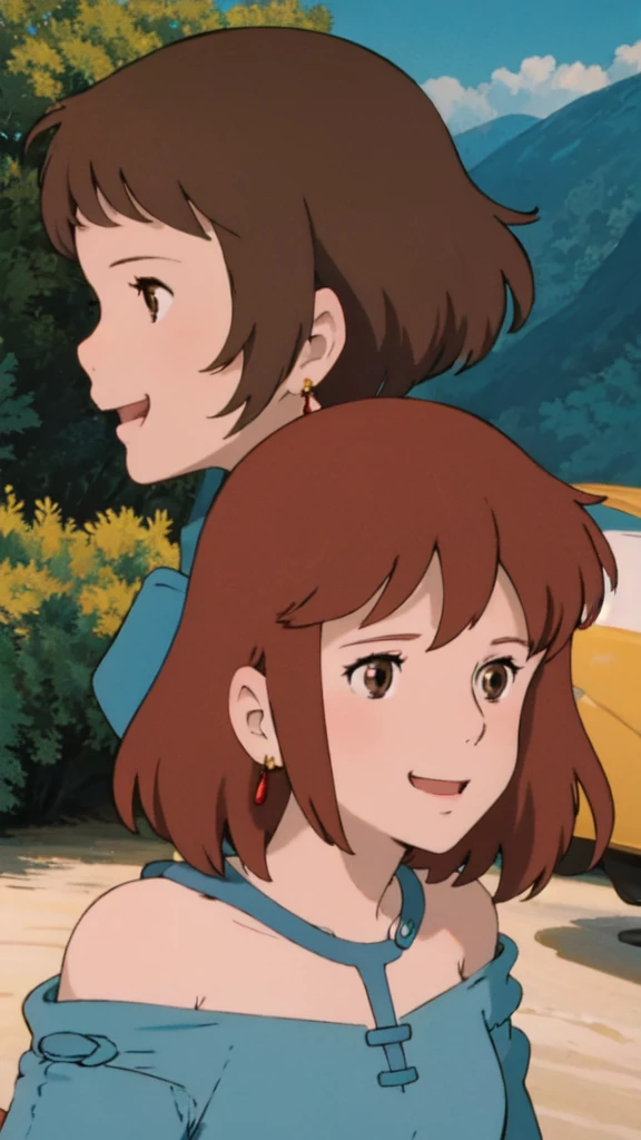 ghibli style, masterpiece, high quality, 1girl, (masterpiece:1.4), (best quality:1.4), (high resolution:1.4), 1girl, redhead, brown eyes, smile, Nausicaa, in a valley, bed, bikini, full body, top view, sfw, profiles, , 