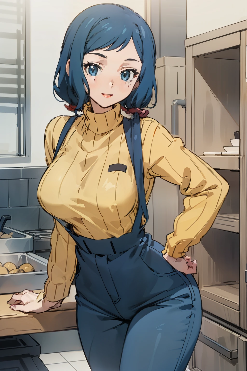 (Masterpiece), Best Quality, ultra-detailed, 1girl (rinko_iori, Slender and sexy body, big and pretty breasts, dark blue hair, long wave hair, blue eyes), smile,parted lips, facing viewer, looking at viewer, solo, yellow turtle neck sweater,  apron(black), denim pants, in the store, standing, Sexy waist teasing