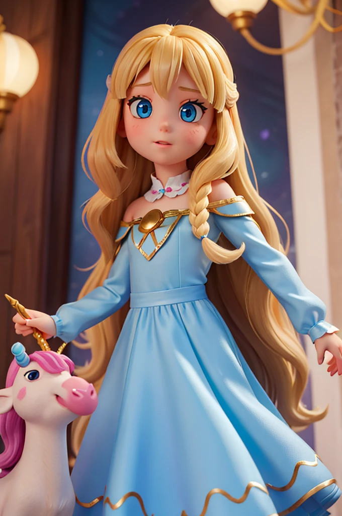 a who is six years old, with long golden hair and two large beautiful blue eyes with a white night dress, amazed expression, she has lots of sparkles in her eyes, in the company of animal unicorns, and next to her there is a fairy with hair short and blond
