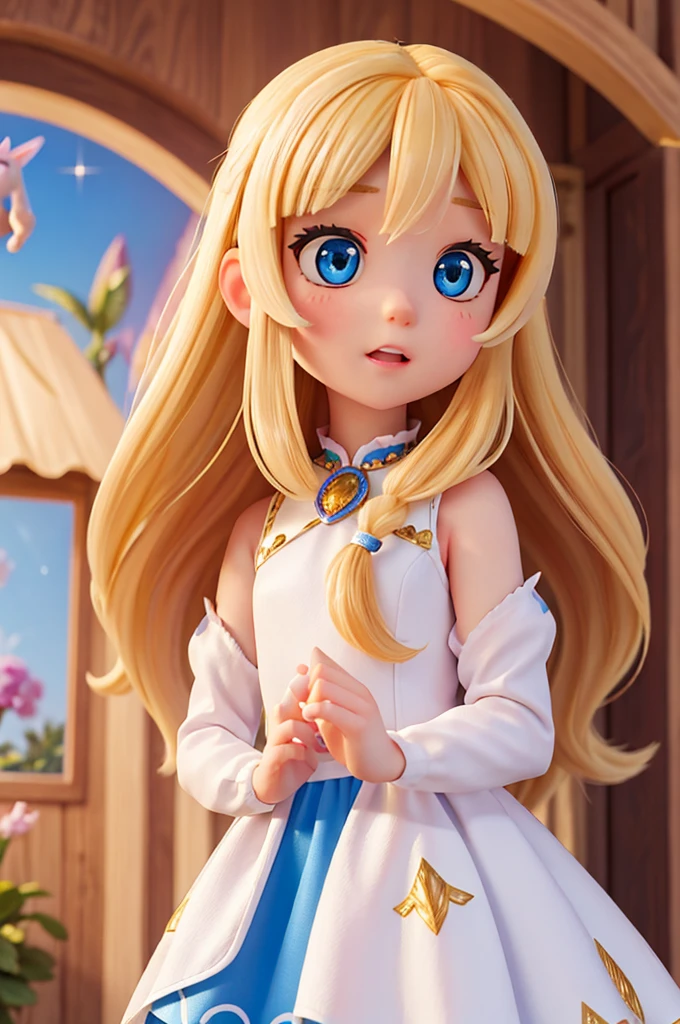 a who is six years old, with long golden hair and two large beautiful blue eyes with a white night dress, amazed expression, she has lots of sparkles in her eyes, in the company of animal unicorns, and next to her there is a fairy with hair short and blond
