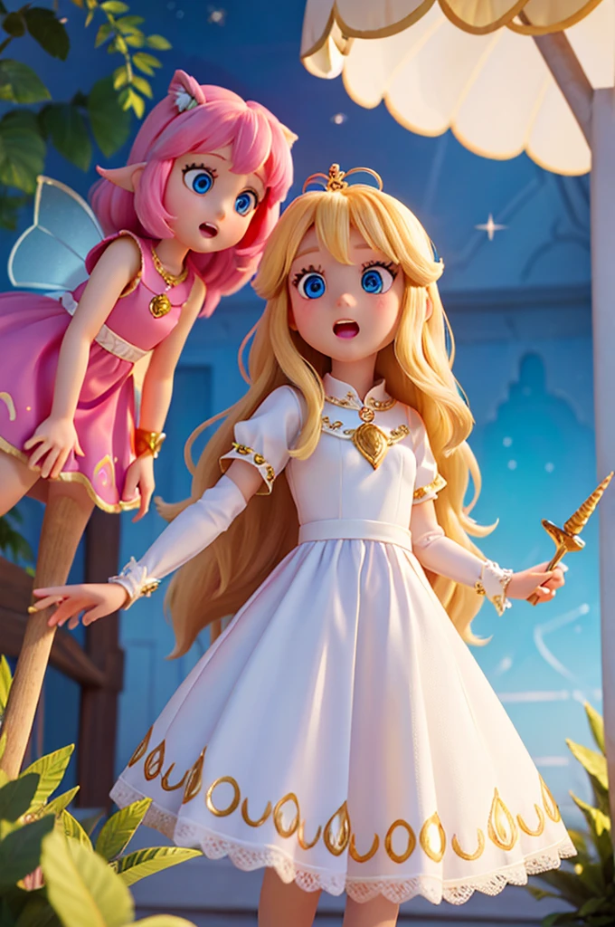 a who is , with long golden hair and two large beautiful blue eyes with a white night dress, amazed expression, she has lots of sparkles in her eyes, in the company of animal unicorns, and next to her there is a fairy with hair short and blond
