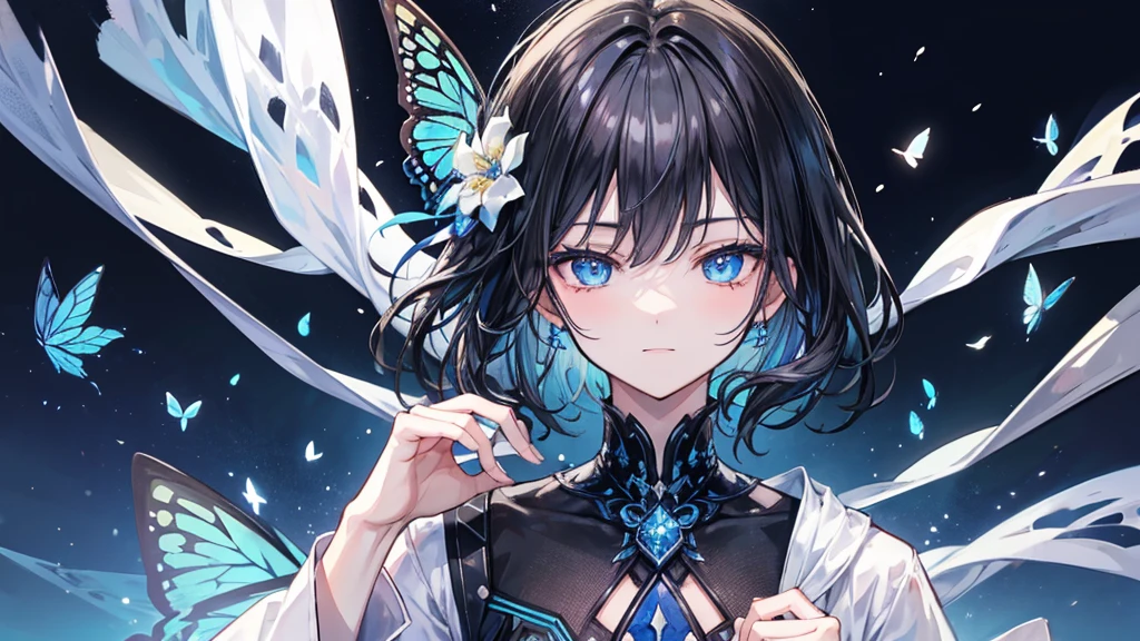 (Pieces fly), (Highest quality), Very detailed, 1 boy, Focus Only,Perfect Face, Beautiful Face, Very detailed顔,(Black-haired boy:1.3),(blue eyes:1.3),flower,butterfly々,flowerびら,Light,Laughter