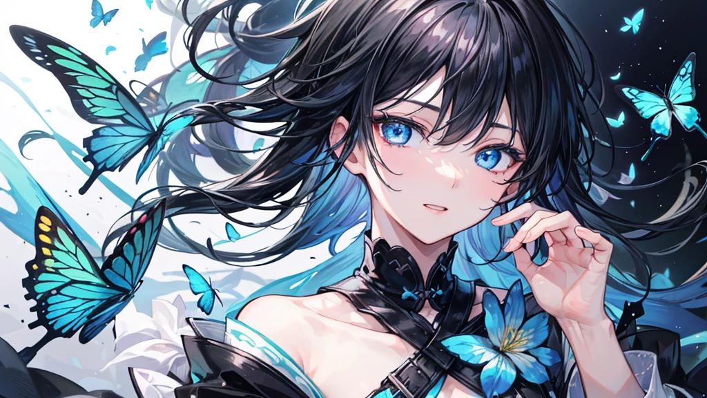 (Pieces fly), (Highest quality), Very detailed, 1 boy, Focus Only,Perfect Face, Beautiful Face, Very detailed顔,(Black-haired boy:1.3),(blue eyes:1.3),flower,butterfly々,flowerびら,Light,Laughter