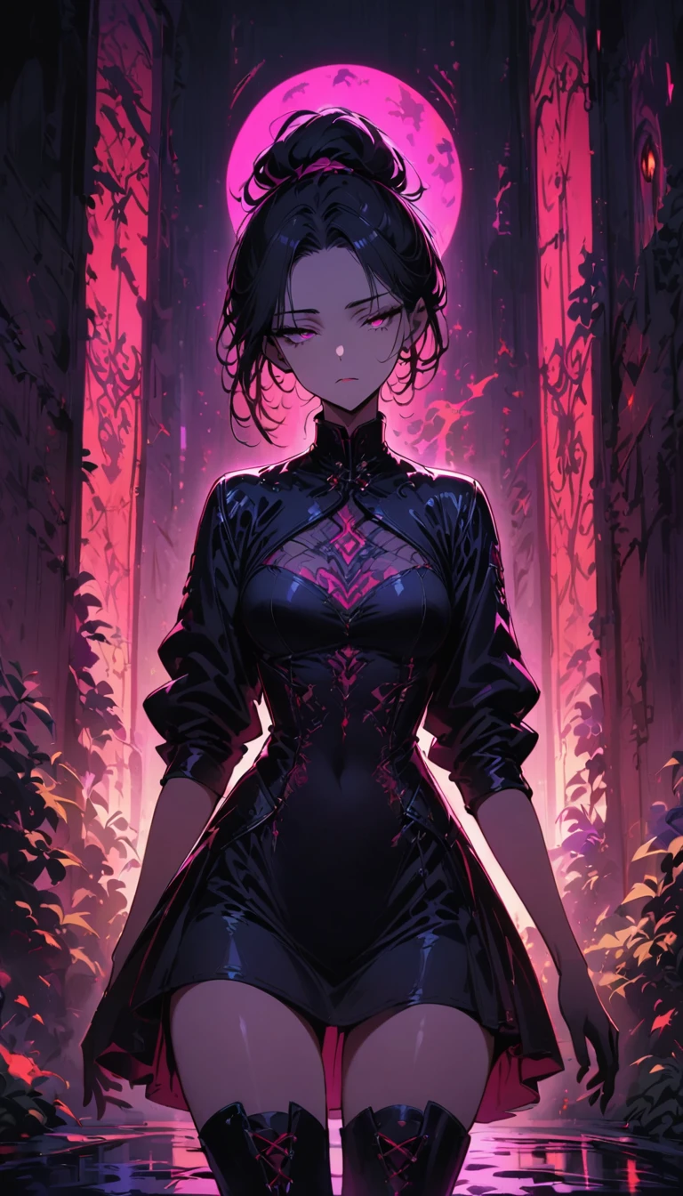 ((((shadowy figure mysterious, dark background, moonlight:0.9))), 1girl, serious, standing, (((high heels, high boots, leather jacket))), [mechanical body], (segmented body), ((ultra detailed face, beautiful and detailed eyes, detailed eyes:0.9))), ((centered)), (wide shot), facing viewer, (((outdoors, darkness, moonlight))), medium breasts, looking down, ((half closed eyes)), ((perfect hands)), (((head:1, arms, hips in view, elbows, thighs, in view))), ((hands at sides)), ((sharp jawline))), (25 years old), (head tilt), (((ominous))), ((mysterious)), (((high contrast)))