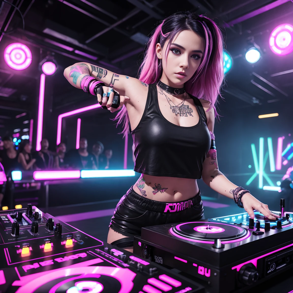 arafed woman in a black top and pink shorts playing a game of dj, cyber punk setting, raver girl, rave girl, dj rave party, dj at a nightclub dancing inspired, playing techno house music, turntablism dj scratching, cyberpunk 2 0 y. o model girl, rave outfit, fanart