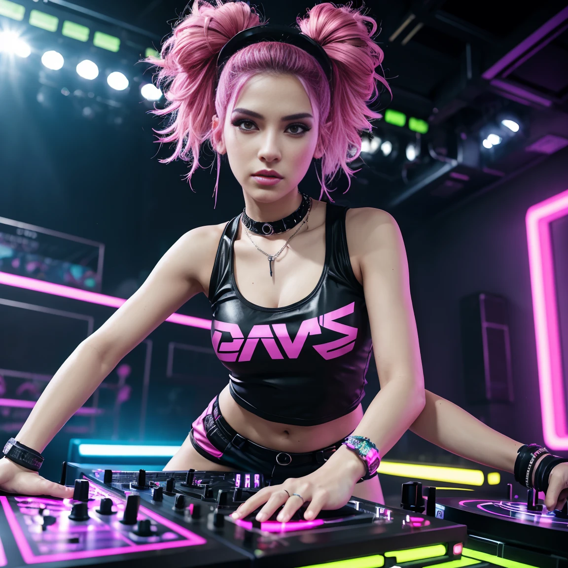 arafed woman in a black top and pink shorts playing a game of dj, cyber punk setting, raver girl, rave girl, dj rave party, dj at a nightclub dancing inspired, playing techno house music, turntablism dj scratching, cyberpunk 2 0 y. o model girl, rave outfit, fanart