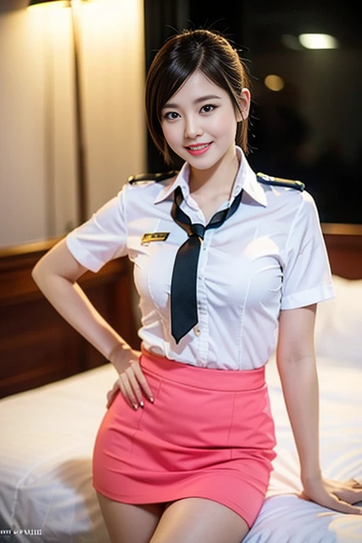 a gorgeous lady, age 21, Flight Attendant uniform, Shenzhen Airlines Stewardess, white shirt and pink mini-skirt, natural pose on bed, dimpled smile, short ponytail hair, short bob hair, cute snaggleteeth, well-endowed round bosom, long flawless legs, photorealistic, beautiful detailed eyes, beautiful detailed face, hyper-realism, high contrast, ultra HD, realistic skin textures, top image quality, top-quality, super high resolution, fine details, very meticulously, head to knees, dark bokeh night background