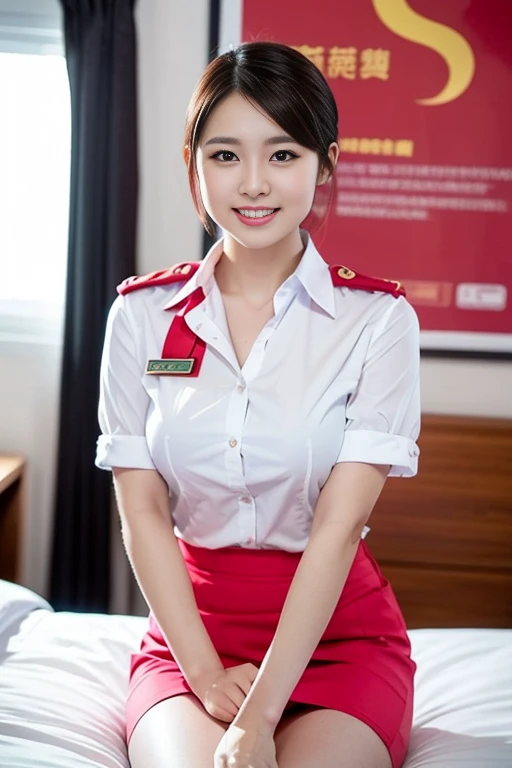 a gorgeous lady, age 21, Flight Attendant uniform, Shenzhen Airlines Stewardess, white shirt and pink mini-skirt, natural pose on bed, dimpled smile, short ponytail hair, short bob hair, cute snaggleteeth, well-endowed round bosom, long flawless legs, photorealistic, beautiful detailed eyes, beautiful detailed face, hyper-realism, high contrast, ultra HD, realistic skin textures, top image quality, top-quality, super high resolution, fine details, very meticulously, head to knees, dark bokeh night background