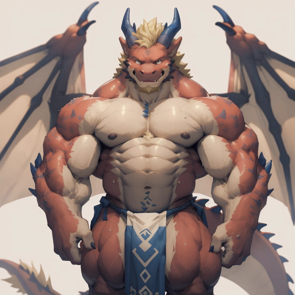 masterpiece,best quality,8k resolution,Very detailed,hairy,((sweat))((Red Dragon Man)),muscle,(((blond))),Strong,超大muscle,((With a pair of blue horns)), ((Golden Eyes)),portrait,((Shirtless)),((Simple background)),((solitary)),(((red wings))),(((Loincloth))),(((Crotch bulge))),