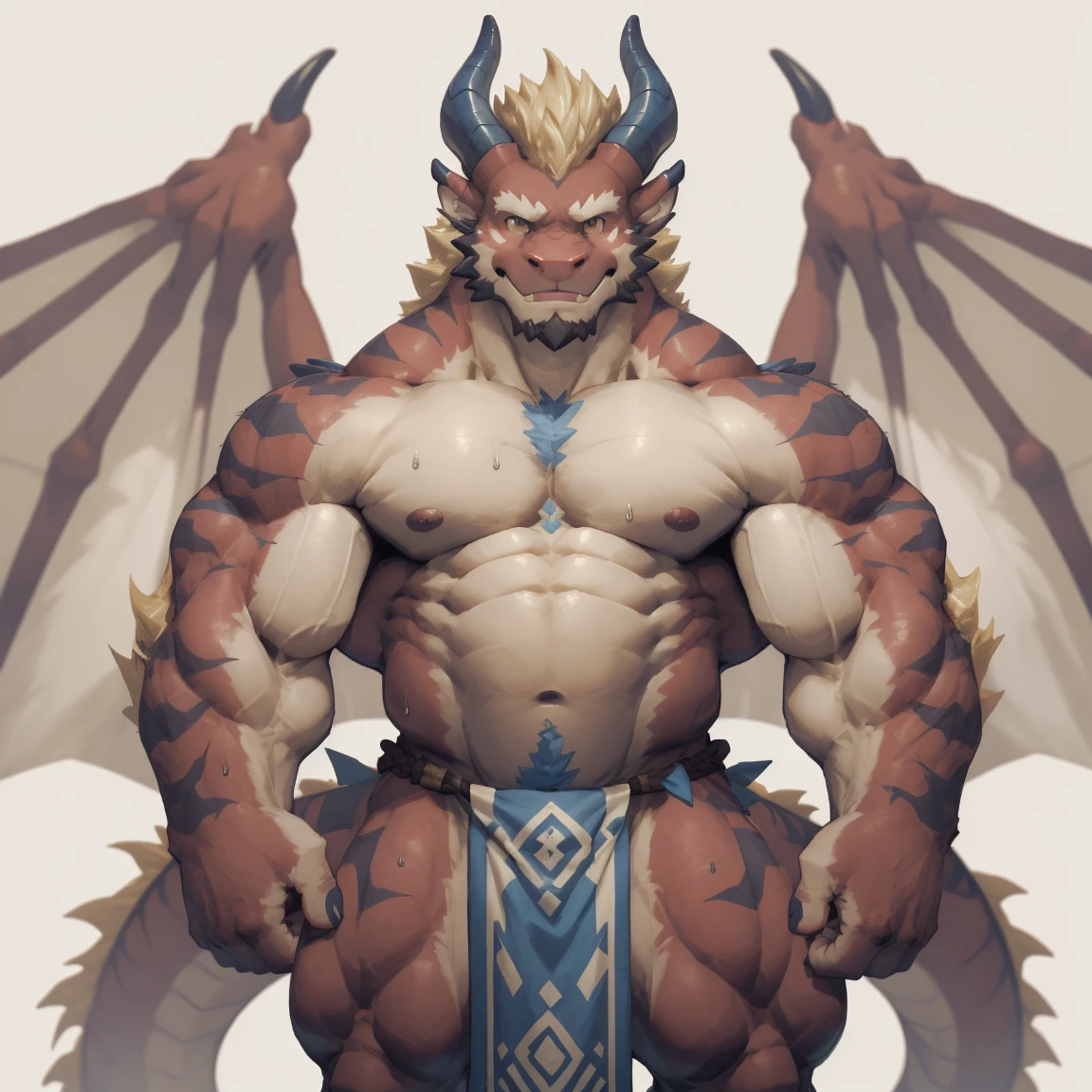 masterpiece,best quality,8k resolution,Very detailed,hairy,((sweat))((Red Dragon Man)),muscle,(((blond))),Strong,超大muscle,((With a pair of blue horns)), ((Golden Eyes)),portrait,((Shirtless)),((Simple background)),((solitary)),(((red wings))),(((Loincloth))),(((Crotch bulge))),