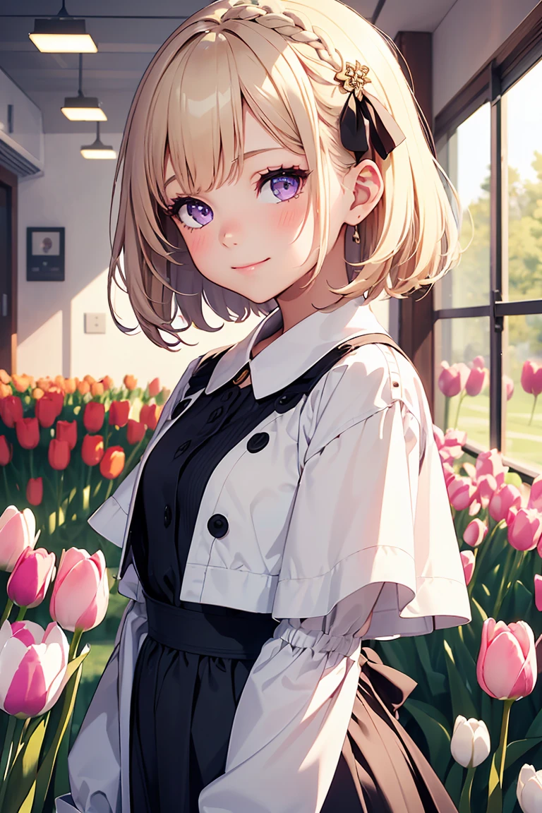 ((1 Girl)), Latest Trends in Clothing, (), Tulips, A big smile, Cute little sister, Cowboy Shot,((Very detailed,Highest quality, High resolution, 8k wallpaper, Beautiful clothes,)),((Cream colored hair, Short Hair, Straight hair)),(ribbon), blush , (Pale purple eyes),eye shadow, eyeliner,Glowing Eyes, Very detailed目, Beautiful Eyes, 10-year-old