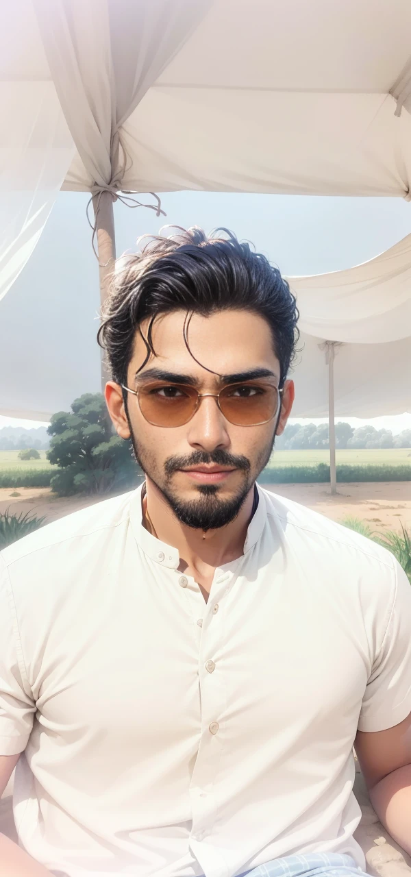 arafed man in sunglasses standing in a field of grass, amidst nature, in front of a forest background, jayison devadas, ayan nag, in jungle, jayison devadas style, inspired by Bikash Bhattacharjee, around 1 , assamese aesthetic, mohamed chahin style, colour splash , in garden, in sunny weather