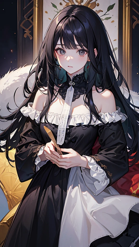 ((Highest quality)), ((masterpiece)), (detailed), Perfect Face、
Her long black hair flowed down to her shoulders.、Fair skin Bangs Eating pudding