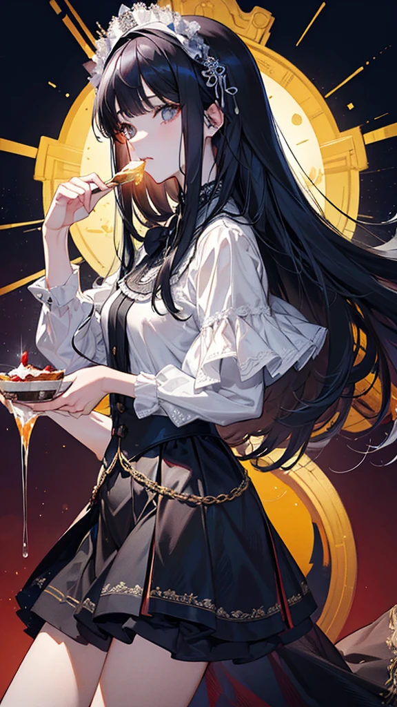 ((Highest quality)), ((masterpiece)), (detailed), Perfect Face、
Her long black hair flowed down to her shoulders.、Fair skin Bangs Eating pudding