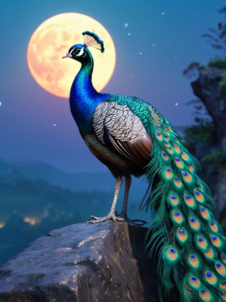 Peacock standing on a rock with full moon in background, highly detailed digital paintings, 8K high quality detailed art, Detailed painting 4k, highly detailed digital paintings, Peacock, Beautiful art UHD 4K, exquisite digital illustration, Highly detailed art in 4K, Magic the Gathering card art, highly detailed illustrations, Highly detailed 4K art, beautiful digital artwork