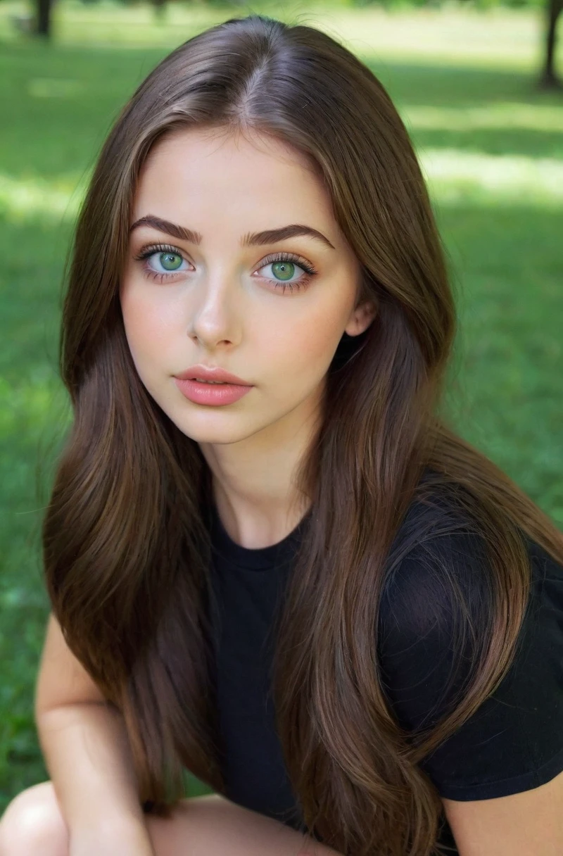 Afared Full Woman, with green eyes, Ultra realistic, Meticulously detailed, portrait of Sophie Mudd, Brunette hair and Big Eyes, Selfie of a young woman, Bedroom eyes, Violet Myers, No Makeup, Natural Makeup, Looking directly at the camera, face artgram, subtle make-up, impressive photo of the whole body kneeling, in the park, Medium and large size chest, allowing the face to be seen clearly, portrait, in a park, full body