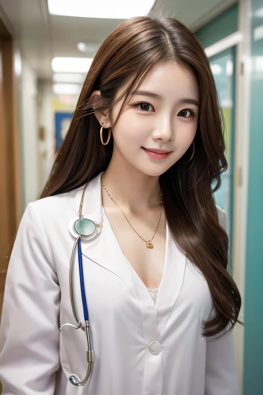 Beautiful young woman、 Korean women、Brown Hair、Necklace around the neck、White、Stethoscope、hairstyle semi long、Wavy Hair、smile、Open your mouth a little、Intricate details, Very detailed:1.2), 、 Looking into the camera,The background is the corridor of the hospital.、ear piercing

